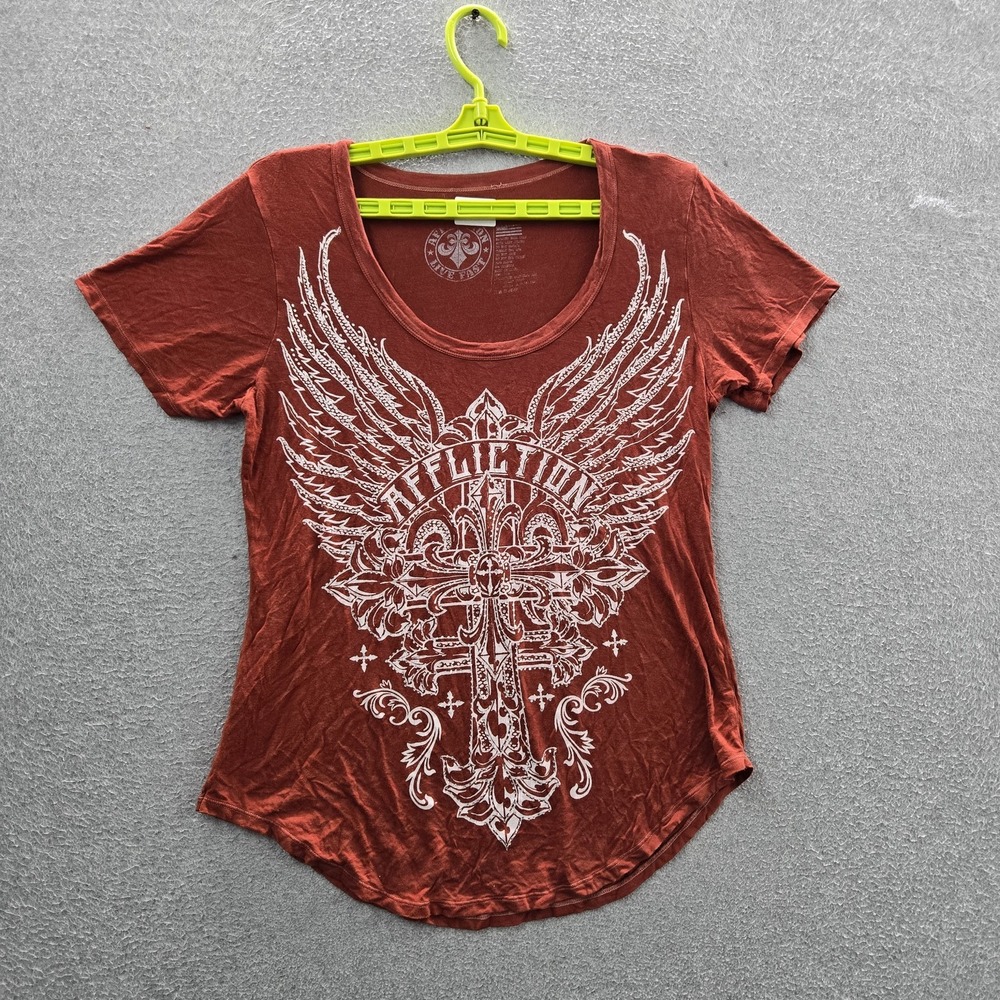 Affliction Women Shirt L Rust Y2K Cross Angel Wing Skater MMA‎ Grunge Tee
